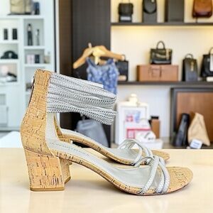 Donald J Pliner Essie Silver Strappy Leather Cork Heels Women's Sandals Shoes 6